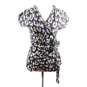 New York & Company Animal Print Top, Small, in Charcoal & Ecru, W/ 3-D Flowerets